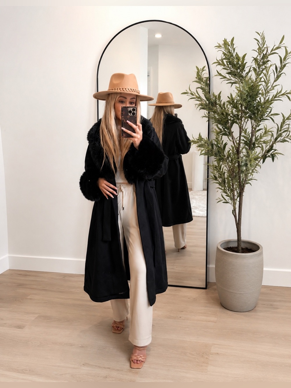NWT Stylish Black Coat with Fur Trim